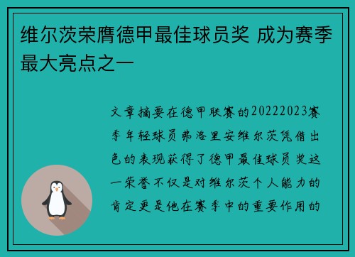 维尔茨荣膺德甲最佳球员奖 成为赛季最大亮点之一 维尔茨荣膺德甲最佳球员奖 成为赛季最大亮点之一