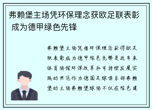 弗赖堡主场凭环保理念获欧足联表彰 成为德甲绿色先锋 弗赖堡主场凭环保理念获欧足联表彰 成为德甲绿色先锋